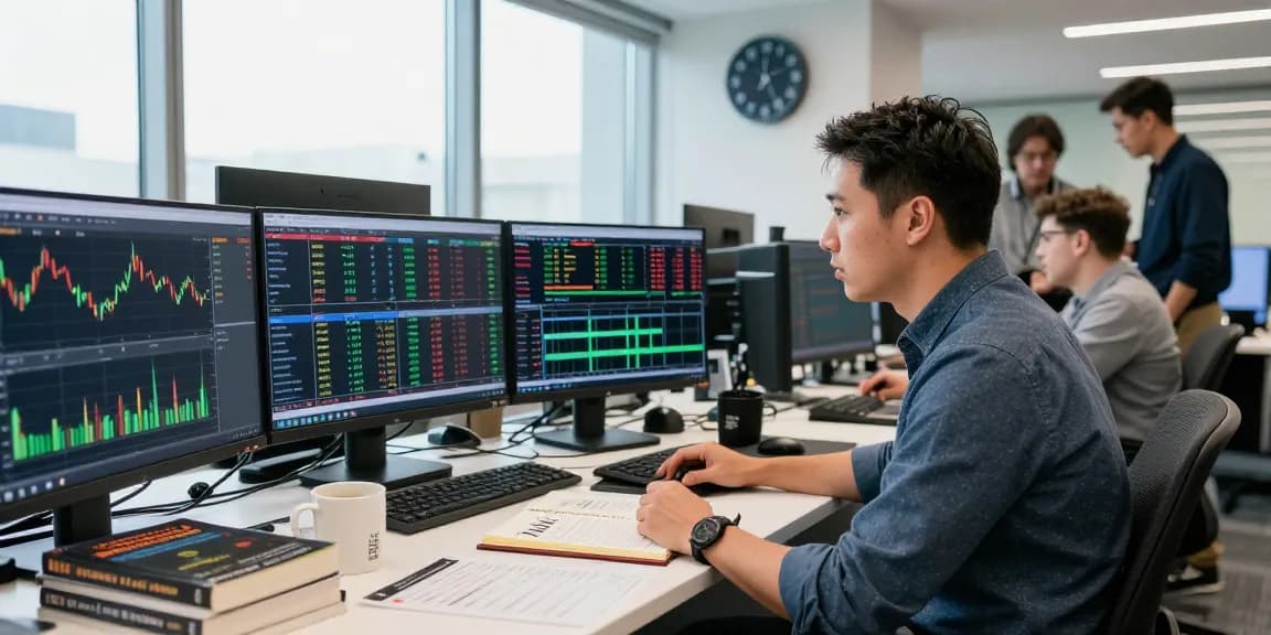 Kakakjudi meninjau data pasar di kantor trading modern, dengan banyak layar dan buku trading di meja.