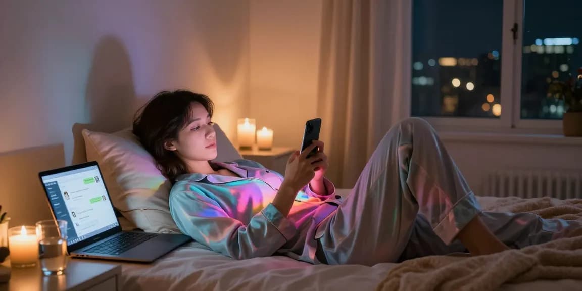 Sexting ai digital chat experience in a cozy bedroom setting with warm LED lights and intimate conversation.