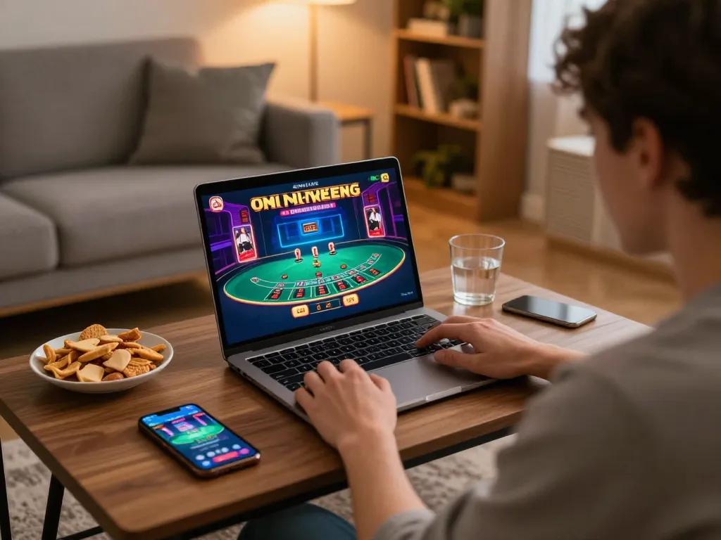 Engaging gameplay at online casinos in Canada showcasing a lively blackjack game on laptop with casual home decor