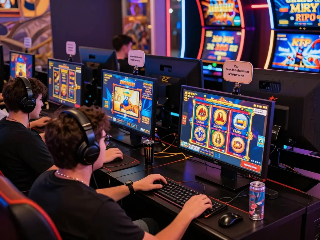 Exciting players enjoying slot gacor games on digital devices in a vibrant online casino atmosphere, highlighting maxwin potential.