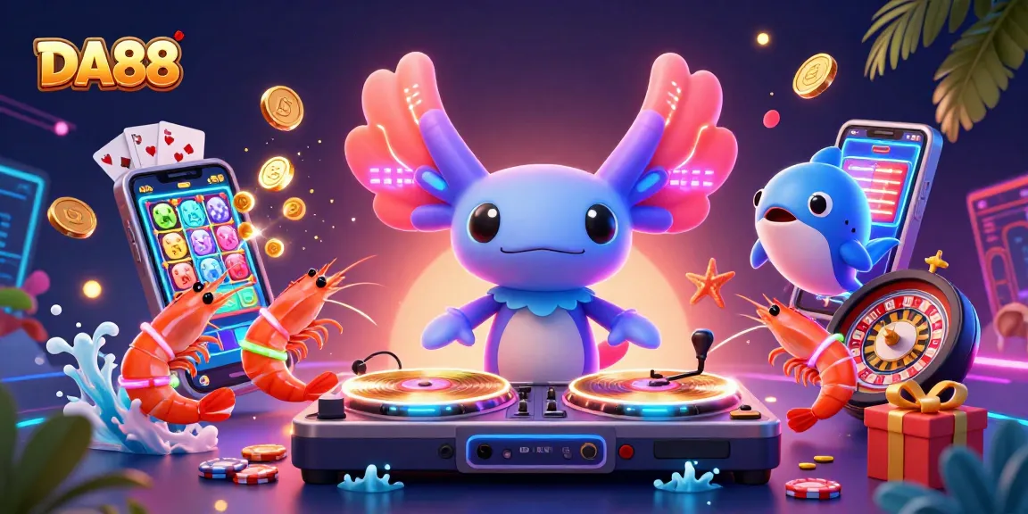 Engage with DA88 in a vibrant underwater casino scene featuring neon axolotl DJ and playful elements.