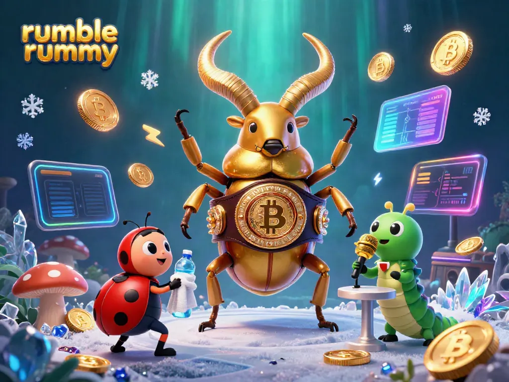 Engage in the excitement of Rumble Rummy with a scene featuring dynamic cartoon characters and cryptocurrency elements.