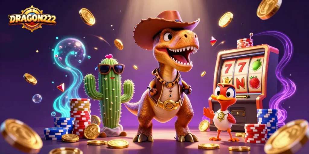 Engage with the exciting world of DRAGON222 featuring dynamic slot machines, gold coins, and gaming characters.