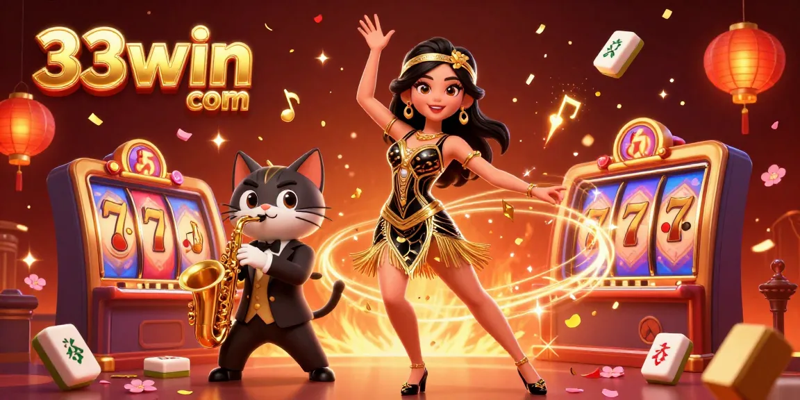 Engage with thrilling games at 33win com as a stylish woman dances amidst lucky 7s and joyous celebrations.