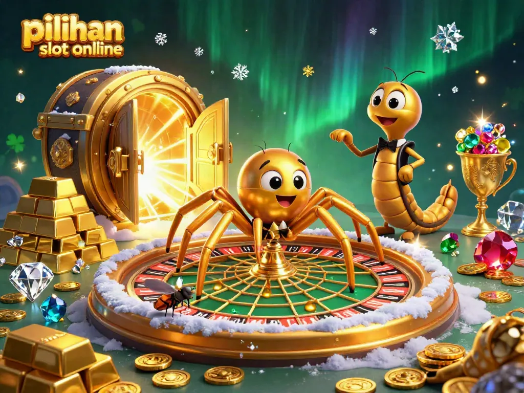 Permainan pilihan game slot online yang memukau dengan laba-laba berkilau dan suasana kasino yang cerah.