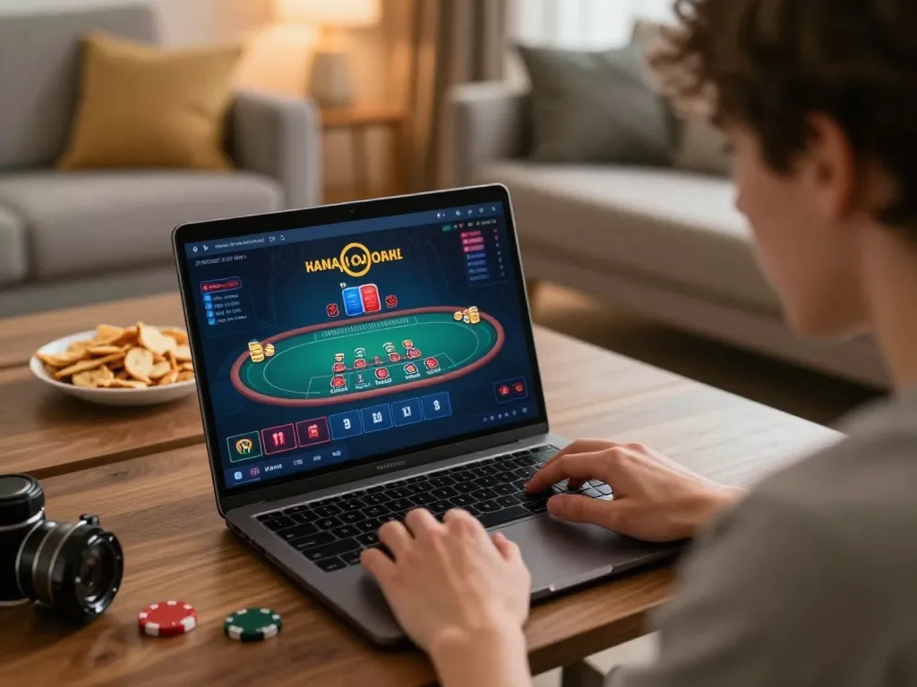 uu88 player engaged in an online blackjack game at home, showcasing strategic play and cozy atmosphere.