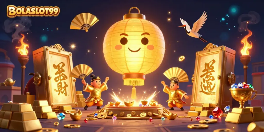 BOLASLOT99 showcases a magical casino scene with a golden lantern spirit and treasure vaults bursting with riches.