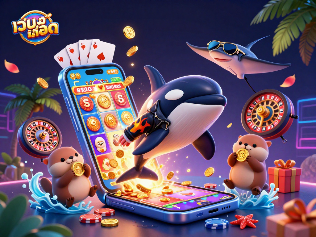 Engage with เว็บสล็อต by spinning the reels surrounded by a lively scene of marine life and casino elements.
