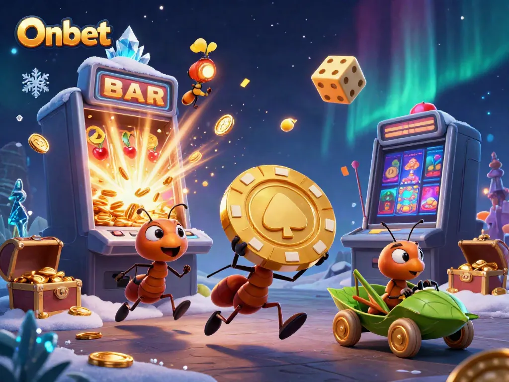 Engage in the thrill of Onbet with a whimsical heist scene featuring ants, poker chips, and jackpot elements.