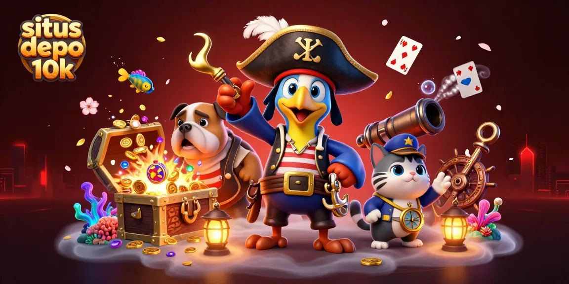 Situs depo 10k showcases a vibrant 3D scene with excited characters spinning slot reels and exploring underwater treasures.