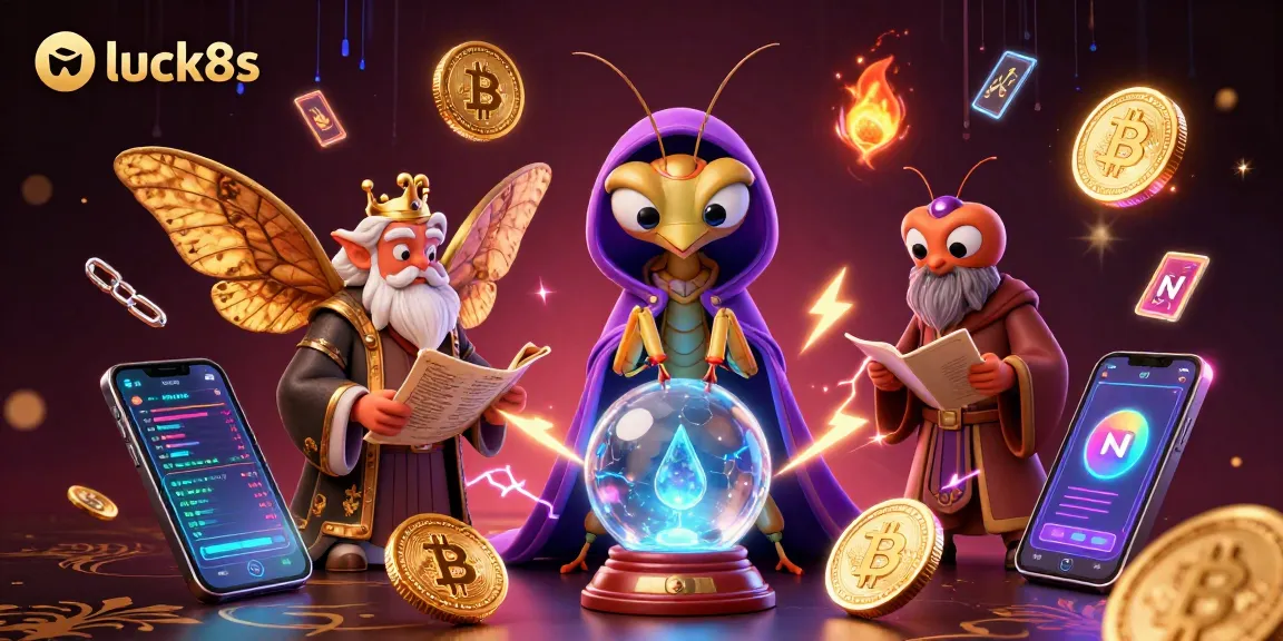Engage with luck8s while exploring a vibrant casino scene featuring a mystical fortune teller, cryptocurrency elements, and captivating characters.