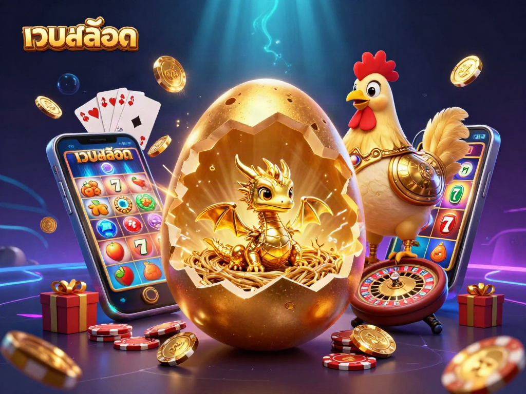 Experience เว็บสล็อต with a vibrant scene of a golden dragon, poker chips, and spinning reels.