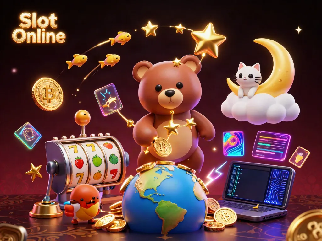 Menangkan jackpot di Slot Online dengan ilustrasi 3D yang menampilkan beruang bintang dan simbol slot menarik.