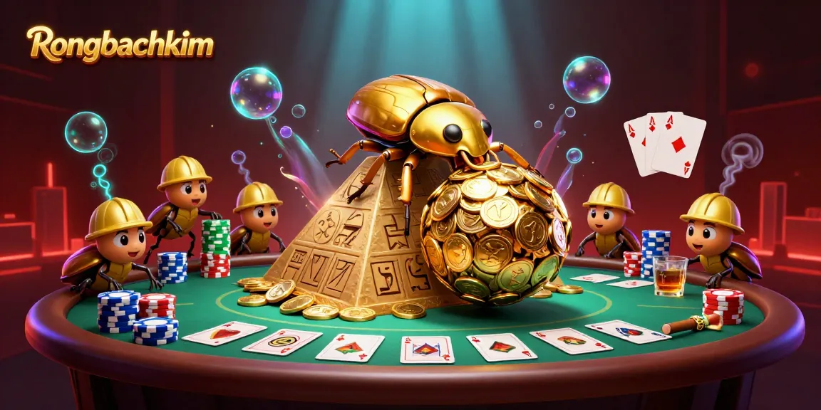 Rongbachkim showcases a rich casino scene with playful beetles rolling coins and lively poker elements.