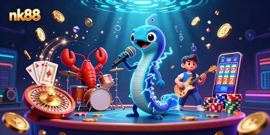 Engage in thrilling gameplay at nk88 with electric eel DJ accompanied by lobsters and seahorses in an underwater casino.