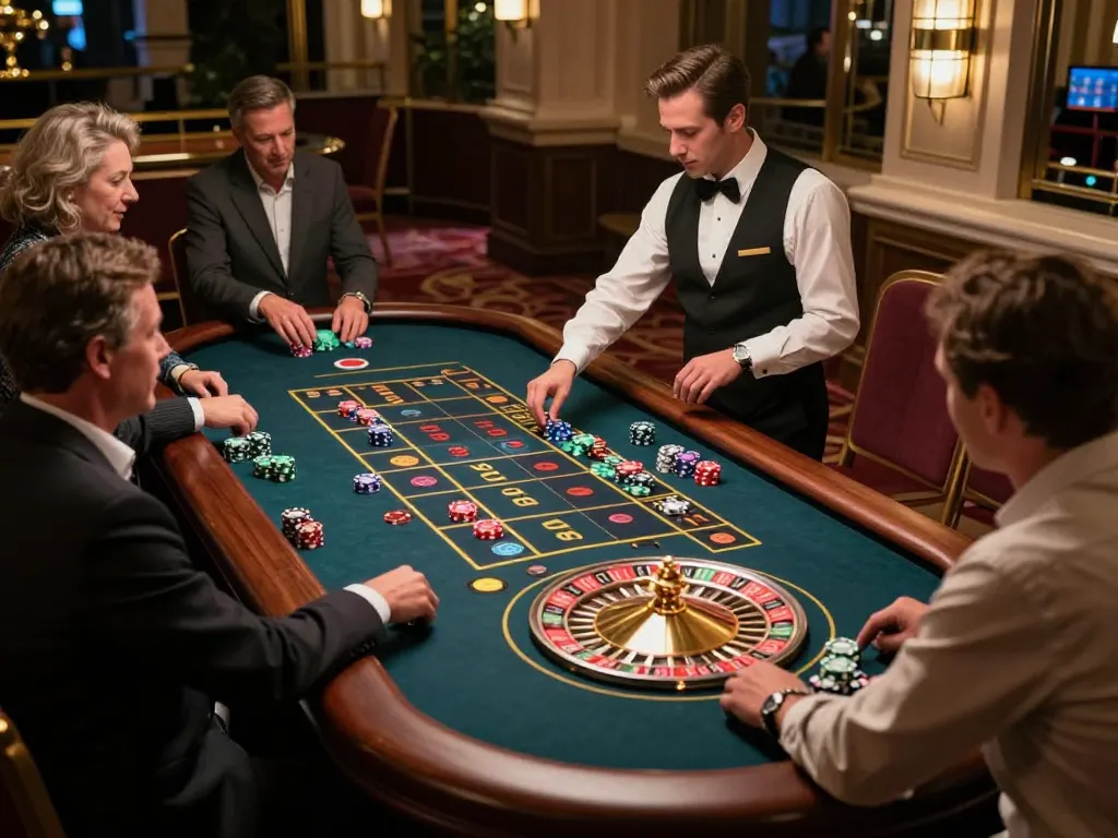 Players engaging at a roulette table at 23win casino, capturing thrilling bets and excitement in action.
