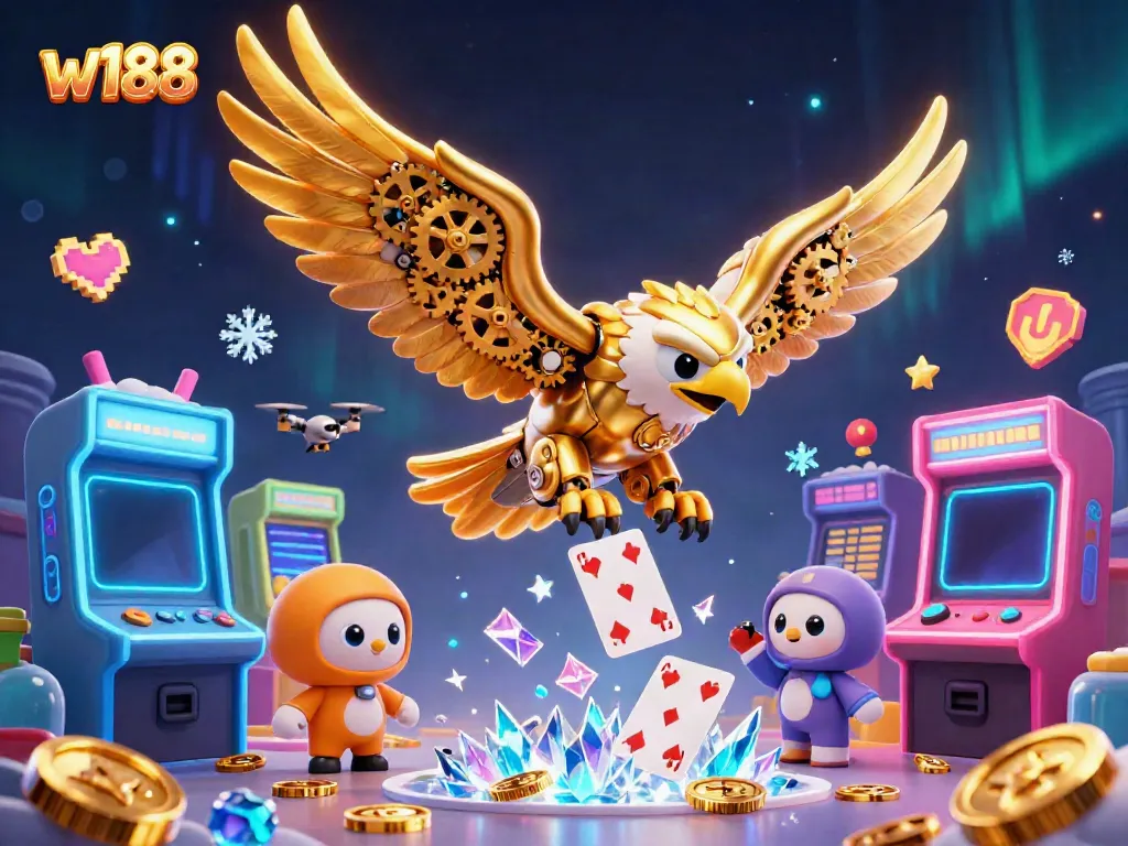 Experience the thrilling gameplay at w188 with a dynamic illustration of a cybernetic eagle among casino-themed elements.