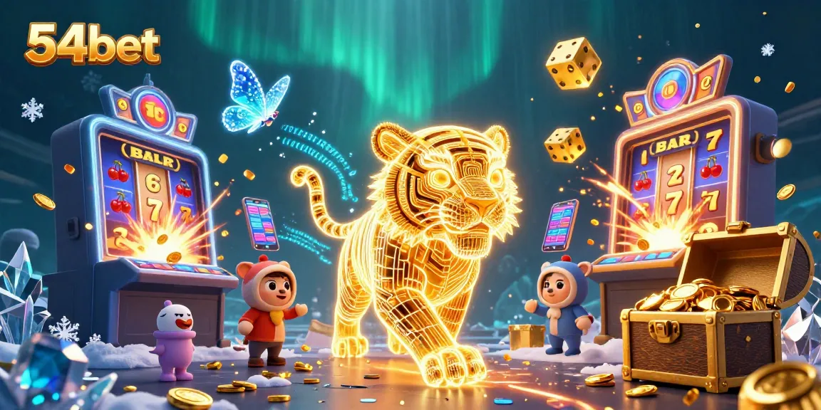 Experience dynamic gaming action with 54bet's vibrant 3D casino scene featuring exciting slots and a magical golden tiger.