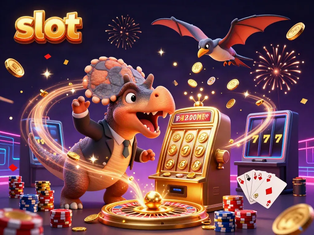 Pachycephalosaurus menabrak mesin slot emas sambil koin jackpot bertebaran, di luar kasino.