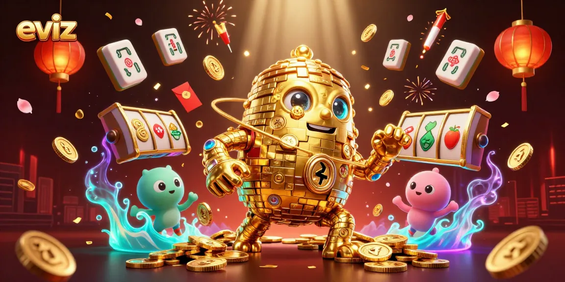Eviz showcases a dynamic scene with a golden golem and slot reels full of excitement.