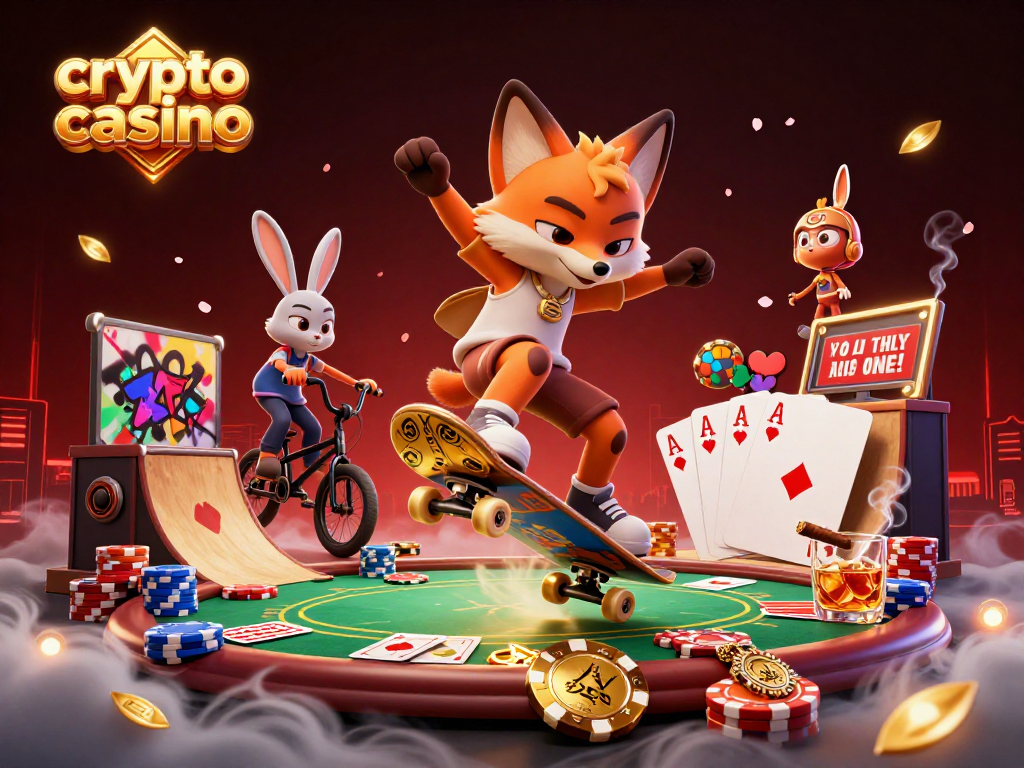 Dynamic scene of a crypto casino featuring cartoon characters in action over poker chips.