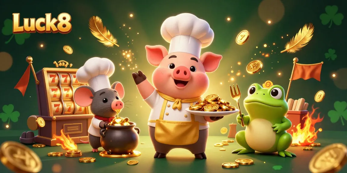 Experience thrilling moments at Luck8 with festive coins and characters in a vivid casino scene.