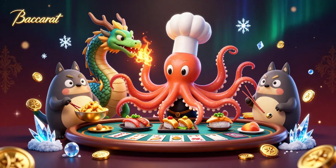 Baccarat table scene featuring cartoon characters and vibrant casino elements in a colorful setting.