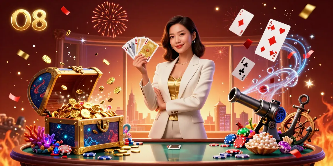 Experience the excitement of O8's online casino with an elegant Asian woman holding golden cards amidst vibrant gaming elements.