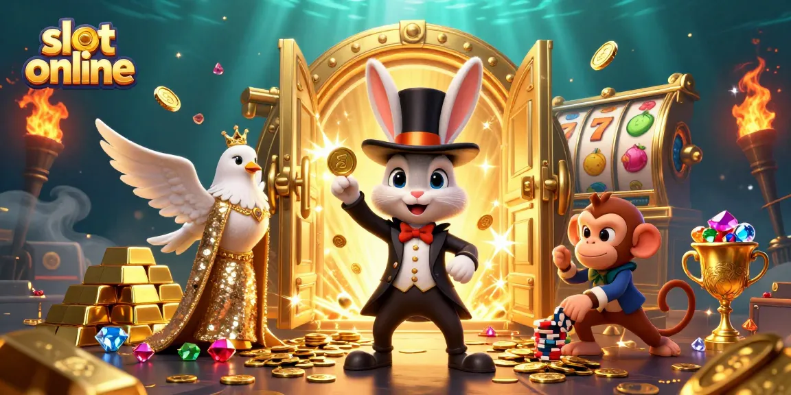 Suasana slot online yang menarik menampilkan kelinci pesulap dengan koin, seekor merpati, dan seekor monyet di tengah elemen kasino yang cerah.