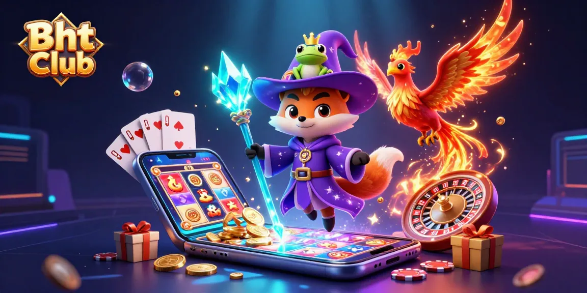 Experience exhilarating gaming with Bht Club's captivating 3D illustration featuring a wizard fox, phoenix, and social symbols.