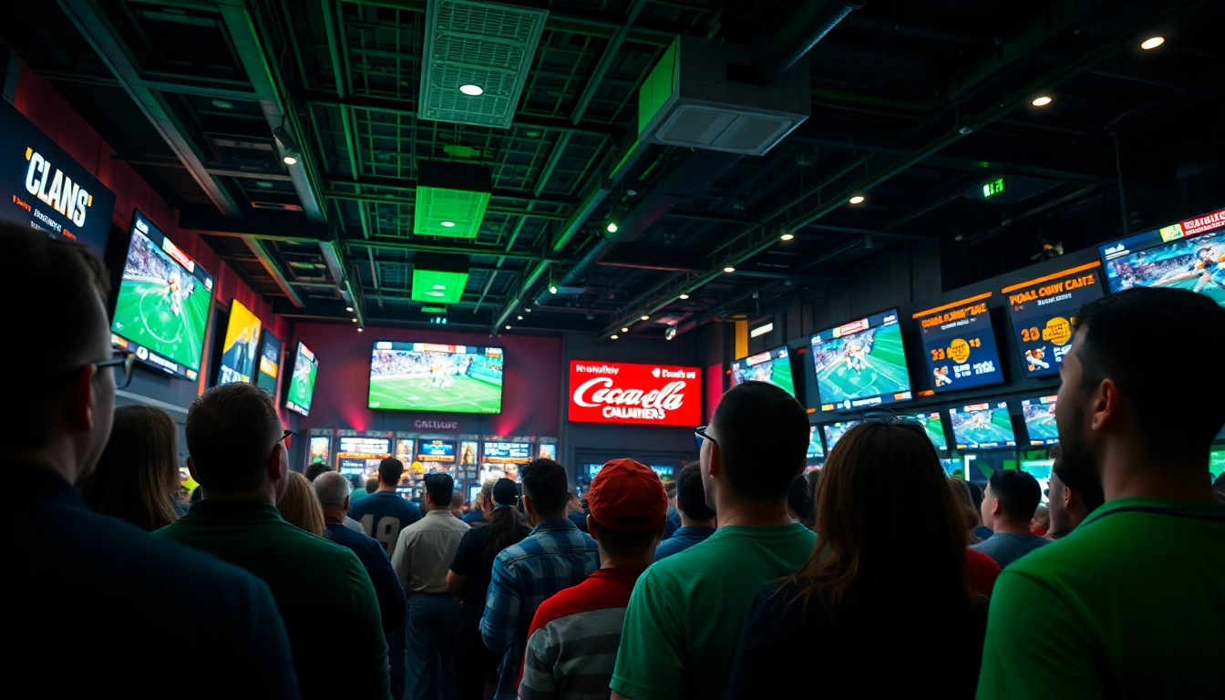 Experience the excitement of Sports Betting with fans in a lively sportsbook atmosphere.