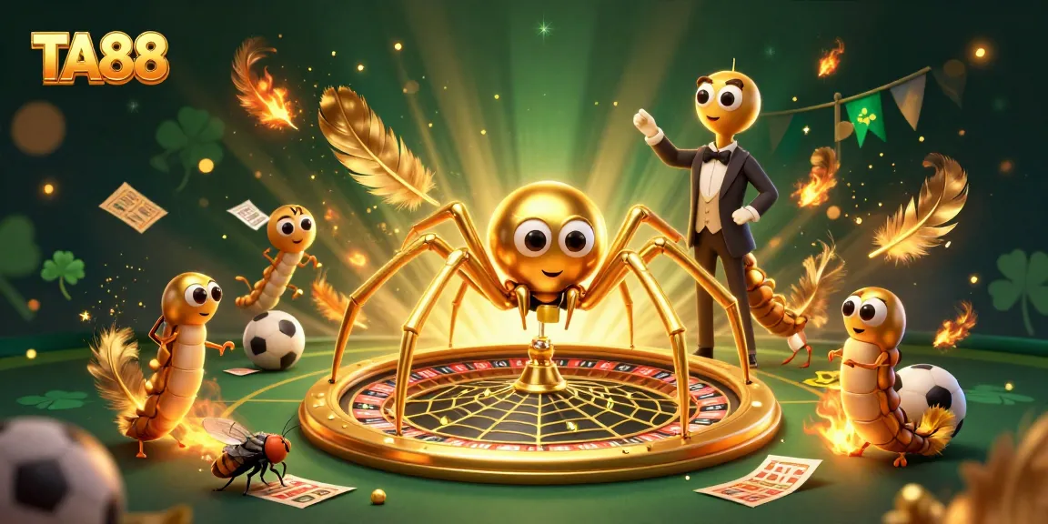 TA88 sports betting scene with a cartoon spider and croupier amidst a dynamic gambling atmosphere.