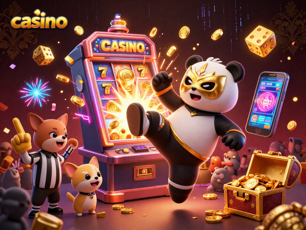 Players enjoying an exciting casino game as a 3D panda wrestler performs a flying kick.