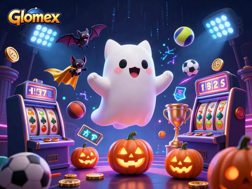 Engage with Glomex at a vibrant haunted casino with a ghost cat and vampire bat amidst thrilling slot action.