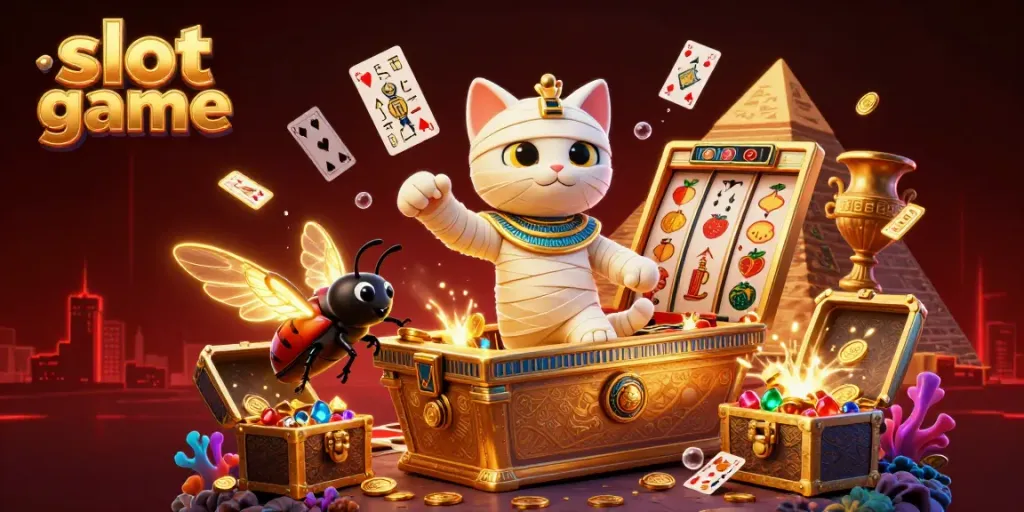 Engage in exciting slot game adventures with a mummy cat and golden scarab in vibrant casino scene.