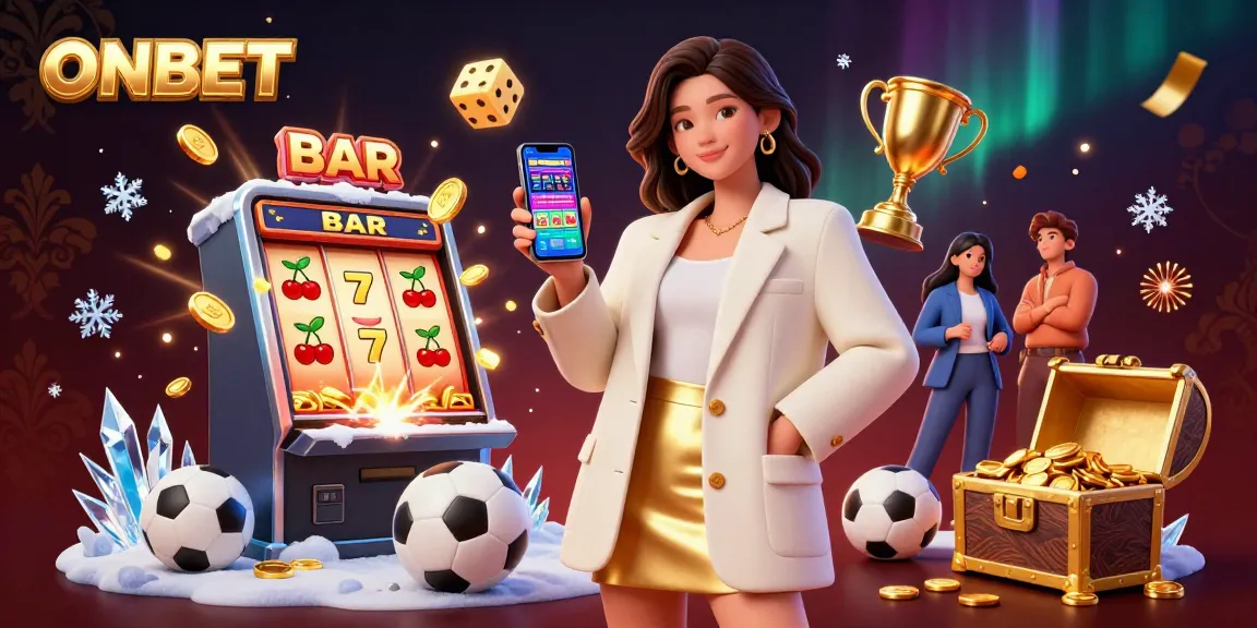Experience ONBET with a friendly Asian woman exploring sports betting on her smartphone amidst dynamic casino elements.