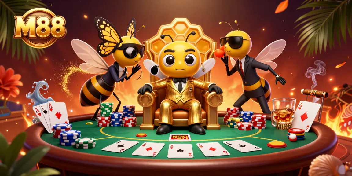 M88's vibrant poker scene animated with a bumblebee mob boss and glamorous casino elements