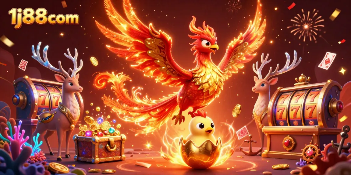 Engage with 1j88com to spin slot reels, featuring a phoenix and treasure in a dynamic scene.