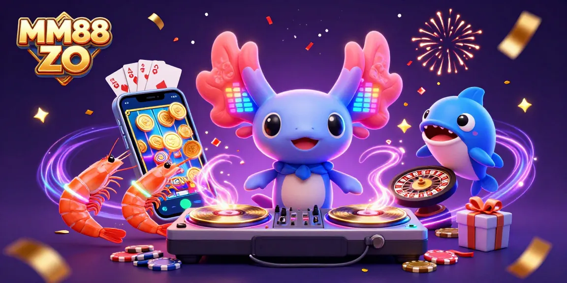 Engage with MM88 ZO's vibrant gaming world featuring neon axolotl DJ and dynamic casino elements.