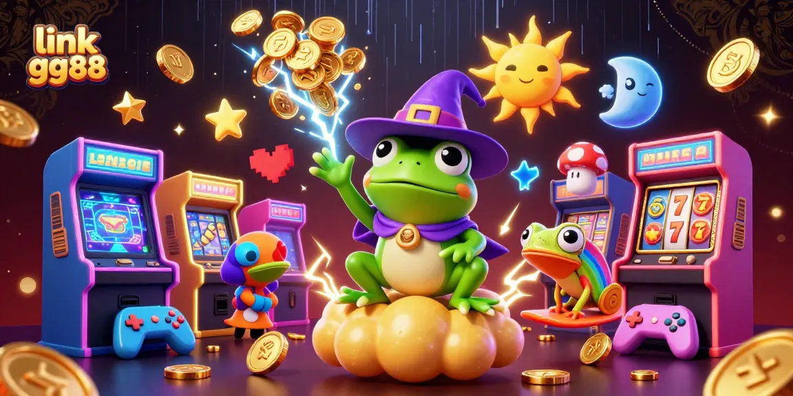 Engage with link gg88's vibrant casino atmosphere, featuring a whimsical wizard frog and joyfully surfing chameleon.