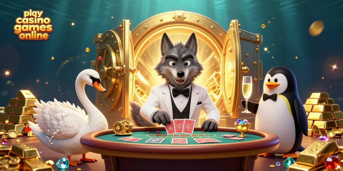 Play casino games online with lively characters and glamorous casino elements in an animated scene.
