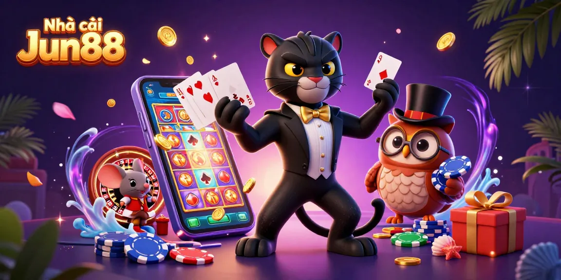 Experience exciting casino action at Nhà cái Jun88 with our vibrant 3D illustration, featuring gaming characters and dynamic elements.