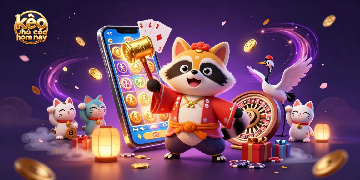 Engage with kèo nhà cái hôm nay through an exciting 3D illustration of a raccoon, crane, and colorful fortune cats.