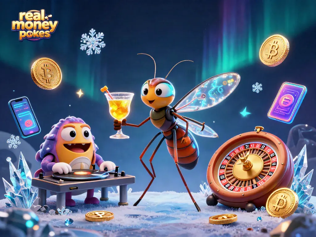 Play real money online pokies with a vibrant scene featuring a frozen mosquito casino mascot and a trilobite DJ.