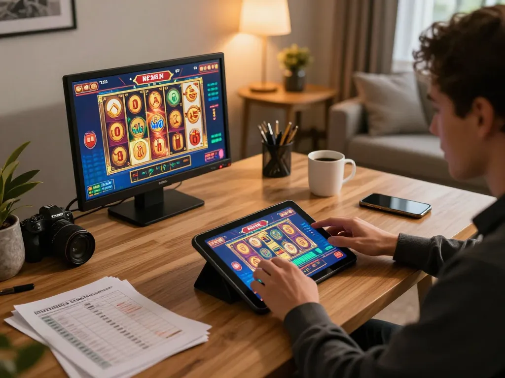 Playing game nổ hũ on a tablet in a modern home setting with vibrant slot graphics