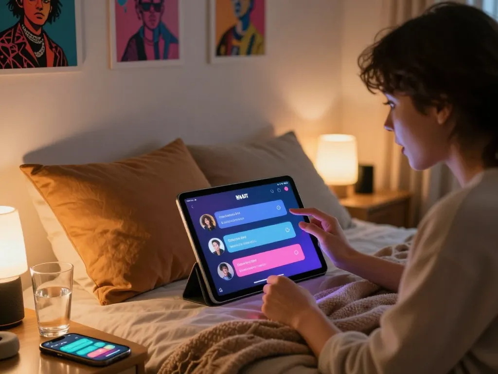Engaging with NSFW AI chat on a tablet in a cozy bedroom with inviting atmosphere.