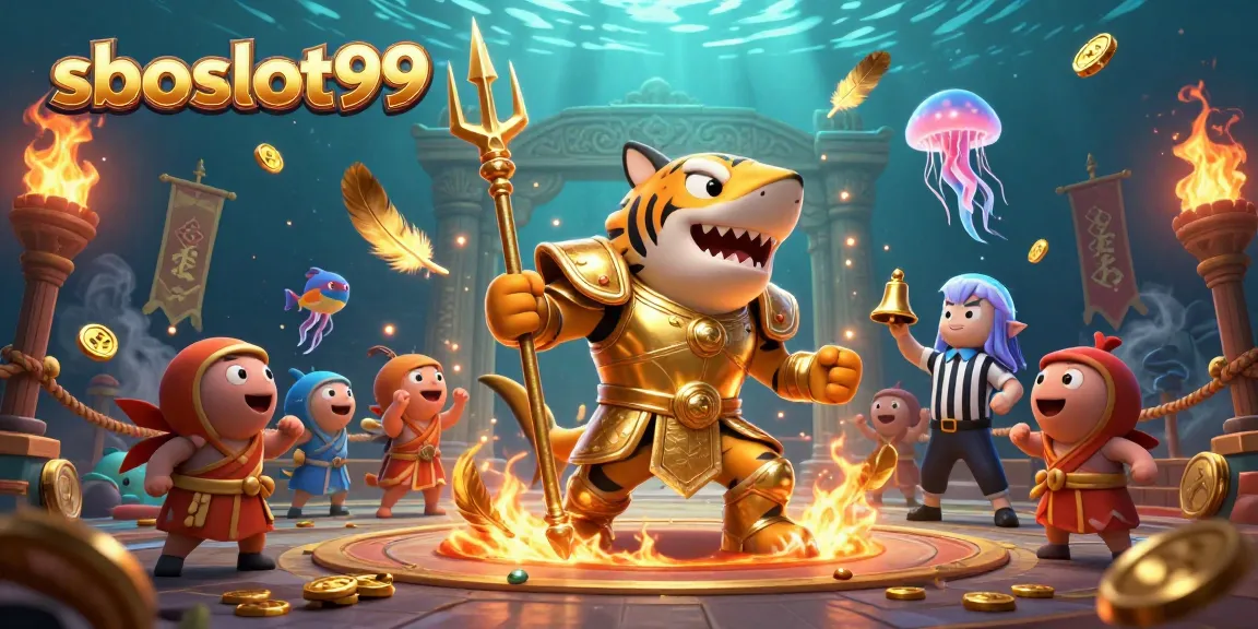 Sports betting fun with sboslot99 featuring a shark warrior in a colosseum surrounded by cheering creatures.