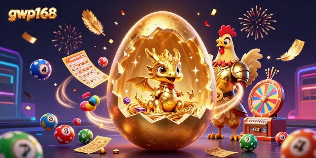 Menangkan permainan slot GWP168 dengan ilustrasi dramatis naga emas dan koin poker.
