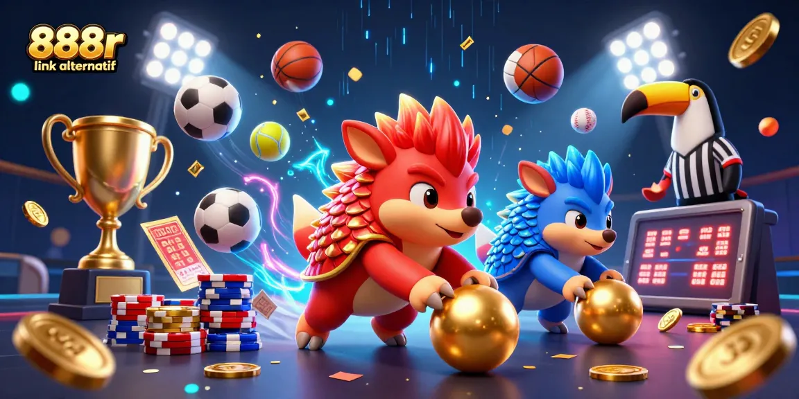 Bowling pangolins compete with 888r link alternatif amidst vibrant casino elements and sports balls.