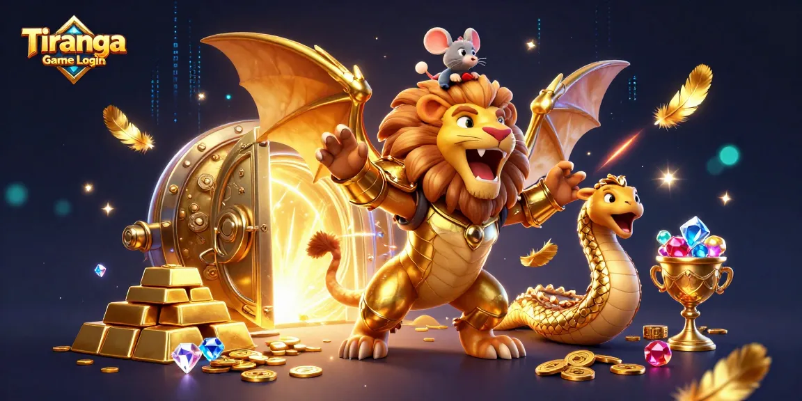 Tiranga Game Login showcases a magical gaming scene with treasures and a triumphant chimera.